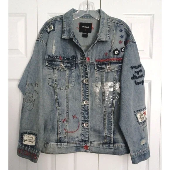 Desigual Women's Chaq Yes Embroidered Jean Jacket Blue Size M 100% cotton - Picture 8 of 16
